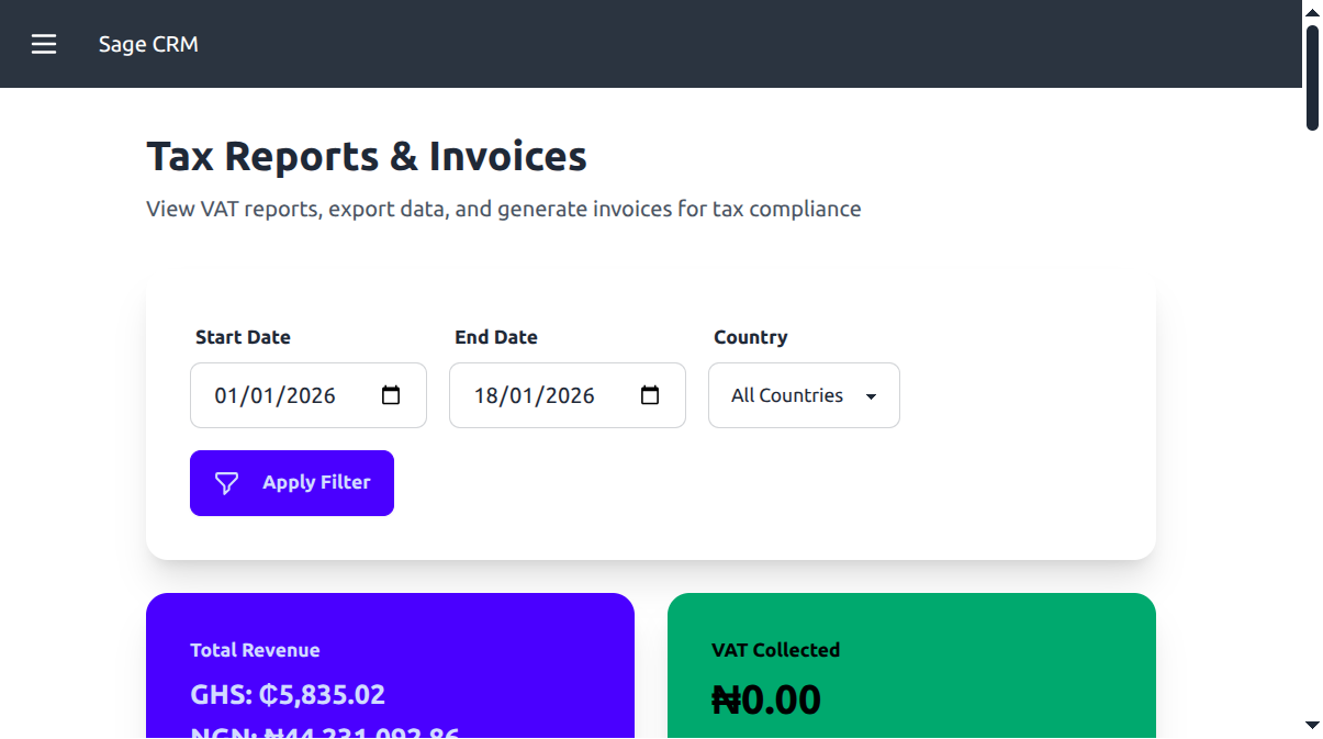 Tax Reports - Country Filter