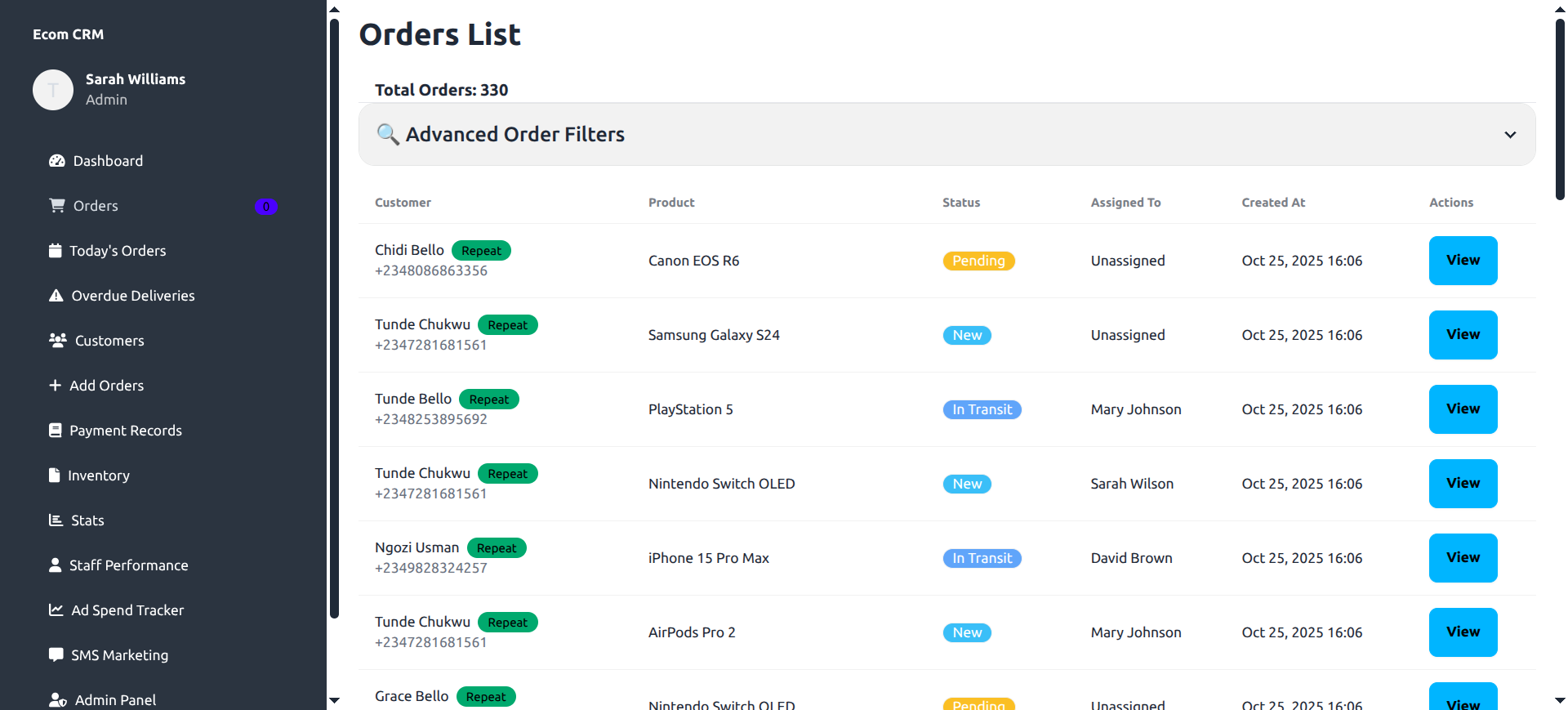 Orders Management Interface