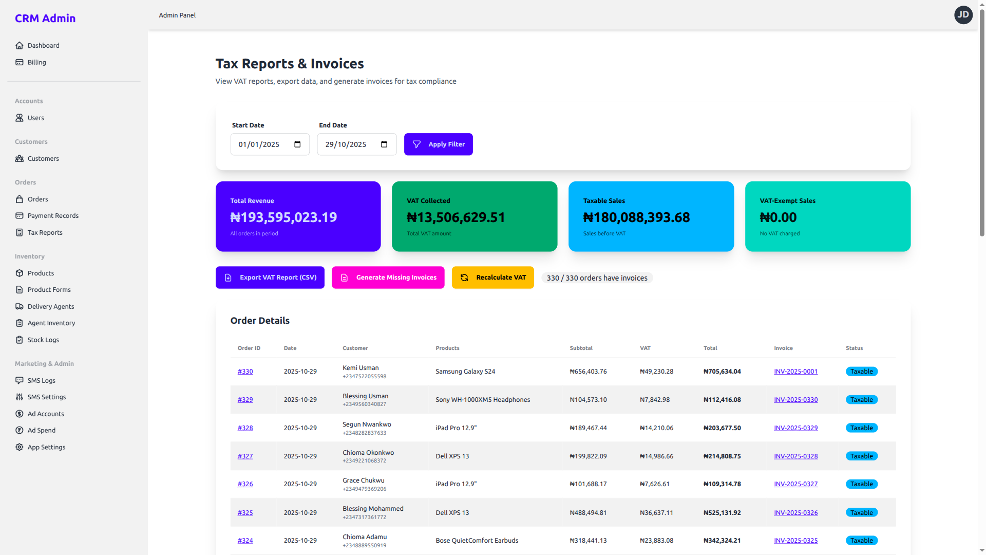 VAT & Tax Reports Dashboard - Automated tax compliance for Nigerian online sellers
